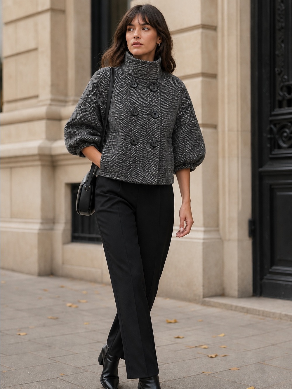 BCBGMAXAZRIA Wool Herringbone Cropped Double-Breasted Funnel Neck Women's Coat